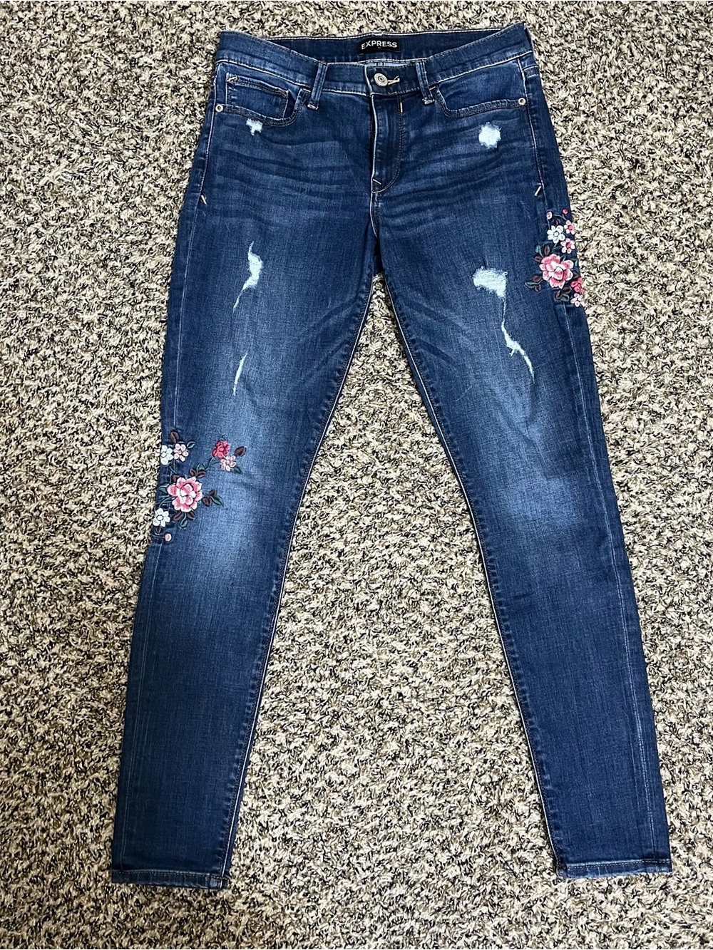 Express Dark Blue Skinny Jeans with Pink Floral Embroidery